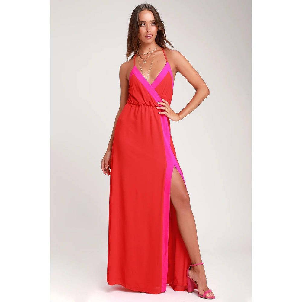Lulus Bright Side Coral Red Color Block Maxi Dress T-Back V-Neck Summer Medium